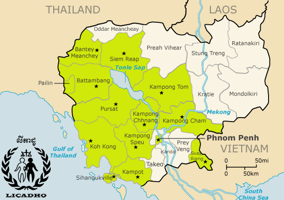 Map of Cambodia & LICADHO's offices: Phnom Penh, Siem Reap, Sihanoukville, Kampong Tom, Kampong Cham, Kampong Speu, Kampong Chhnang, Pursat, Battambang, Bantey Meanchey, Svay Rieng, Koh Kong